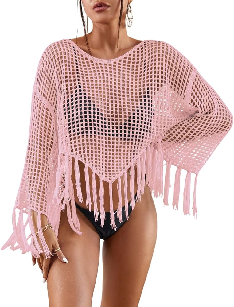 Bsubseach Crochet Cover Up for Swimwear Women Hollow Out Swimsuit Coverup Long Sleeve Beach Top