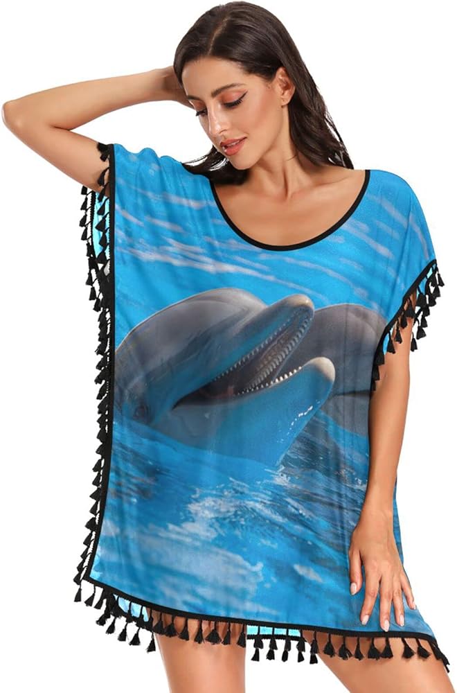 Dolphins Swimsuit Coverup for Women Lightweight Chiffon Womens Bikini Cover Ups for Swimwear Women Pool Travel,S