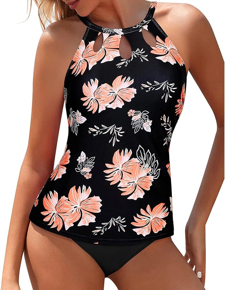 Yonique Two Piece High Neck Tankini Swimsuits for Women Tummy Control Bathing Suits Floral Print Swimwear