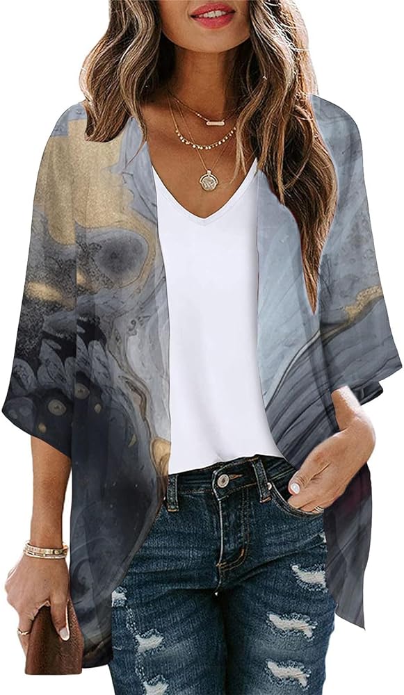 Generic Kimono Cardigan For Women 2024 Summer 3/4 Sleeve Open Front Chiffon Beach Coverups Hawaiian Lightweight Loose Tops