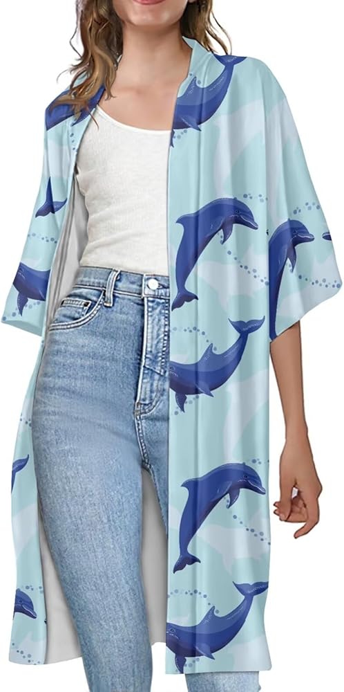 Women's Half Sleeves Kimonos Cardigan Lightweight Loose Open Front Beach Casual Cover Up, Plus Size