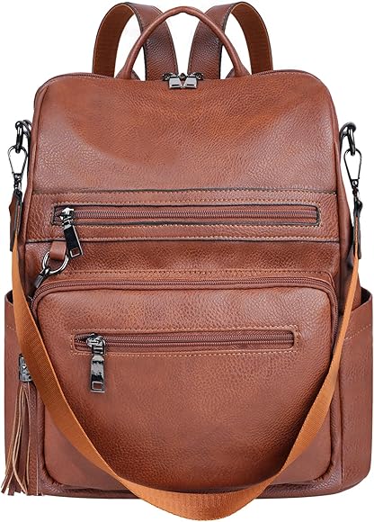 ECOTISH Bolso Mochila de Mujer Cuero Sintético Bolsa de viaje Bolso de Hombro Bolso Escolar de Cremalleras con Bolsillos Laterales con Borlas Viajes