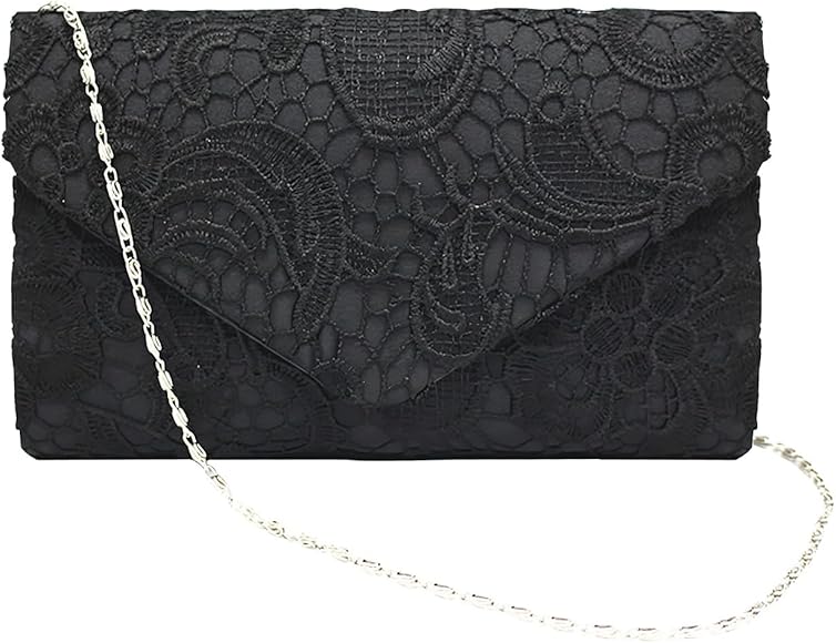 ATBUSS - Bolsa de encaje para mujer, 1 funda de satén, bolsa de encaje floral, bolsa de hombro con envoltura de encaje, bolsa de noche, Negro , 22*13*5 cm