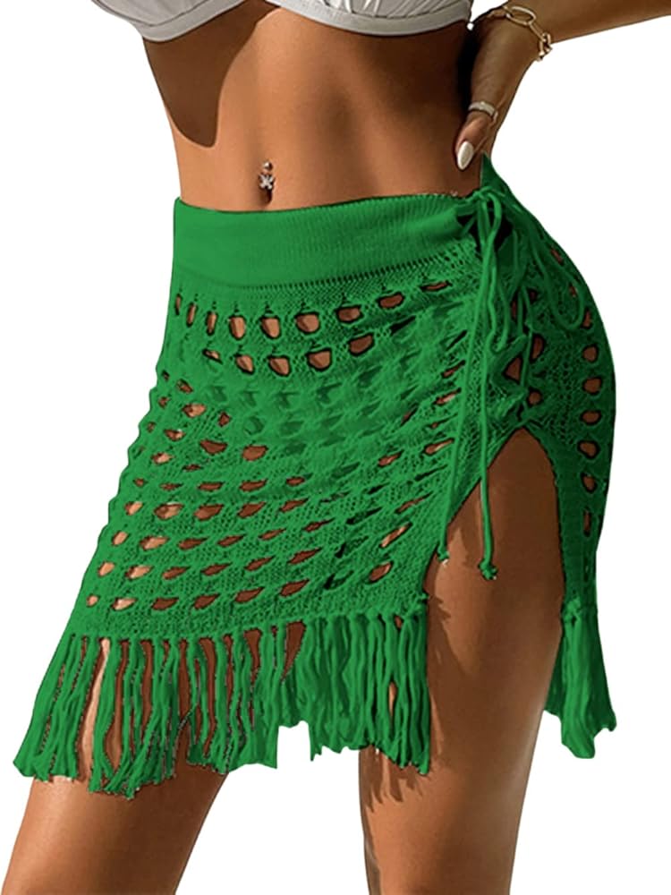 ZAFUL Women's Crochet Bikini Cover Up Skirt Tassel Knit Mini Beach Drawstring Side Swimsuit