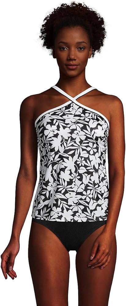 Lands' End Womens Chlorine Resistant High V-Neck Tankini Top-Piped Havana/White/Black Regular 4