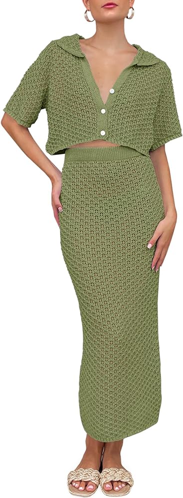 Saodimallsu Women Crochet Beach Cover Up Set Knit Crop Button Short Sleeve Collar Top Bodycon Long Skirt 2 Piece Outfits