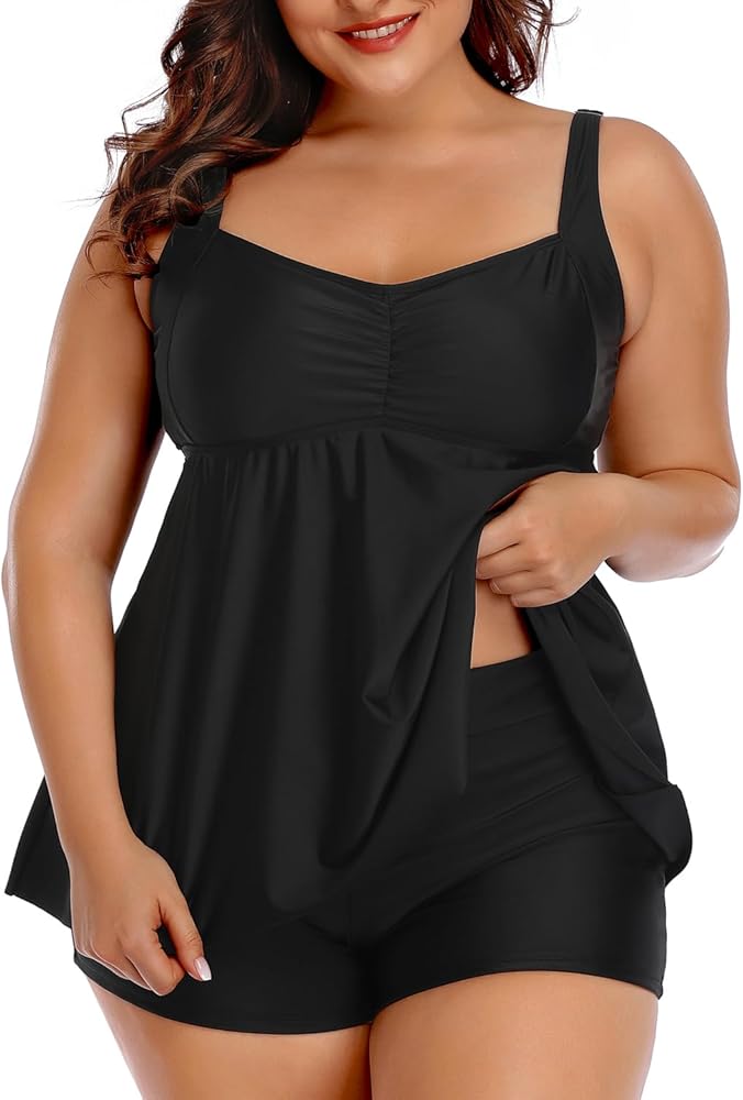 Aqua Eve Plus Size Tankini Women 2 Pieces Swimsuits with Shorts Flowy Bathing Suits