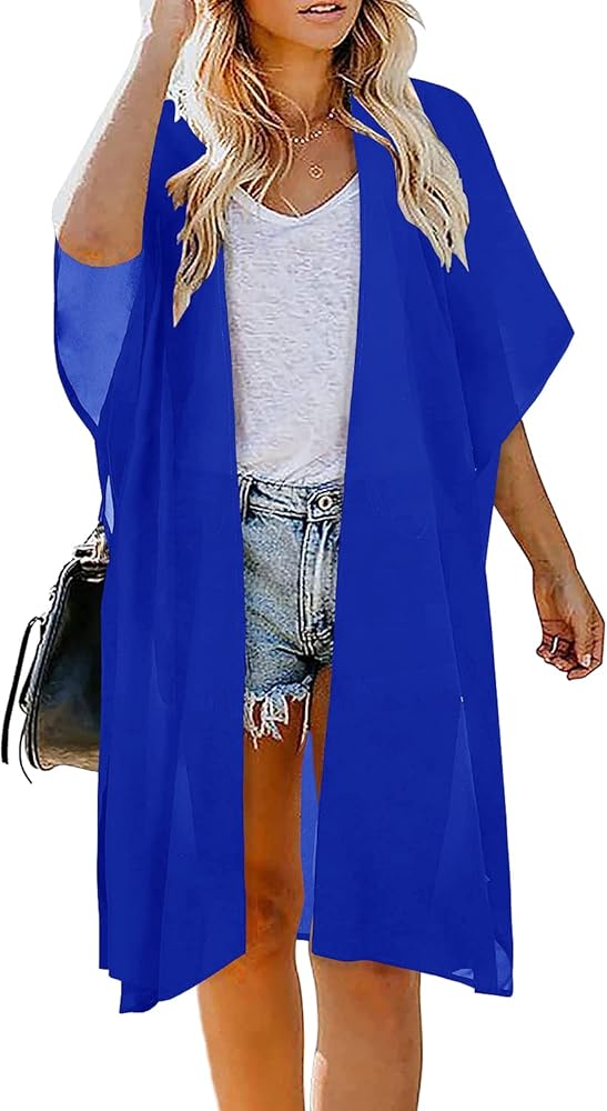 Women's Solid Puff Sleeve Kimono Long Cardigan Loose Cover Up Casual Blouse Top Chiffon