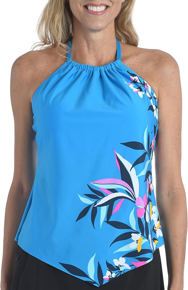 24th & Ocean Women's Standard High Neck Halter Handkerchief Tankini Swimsuit Top