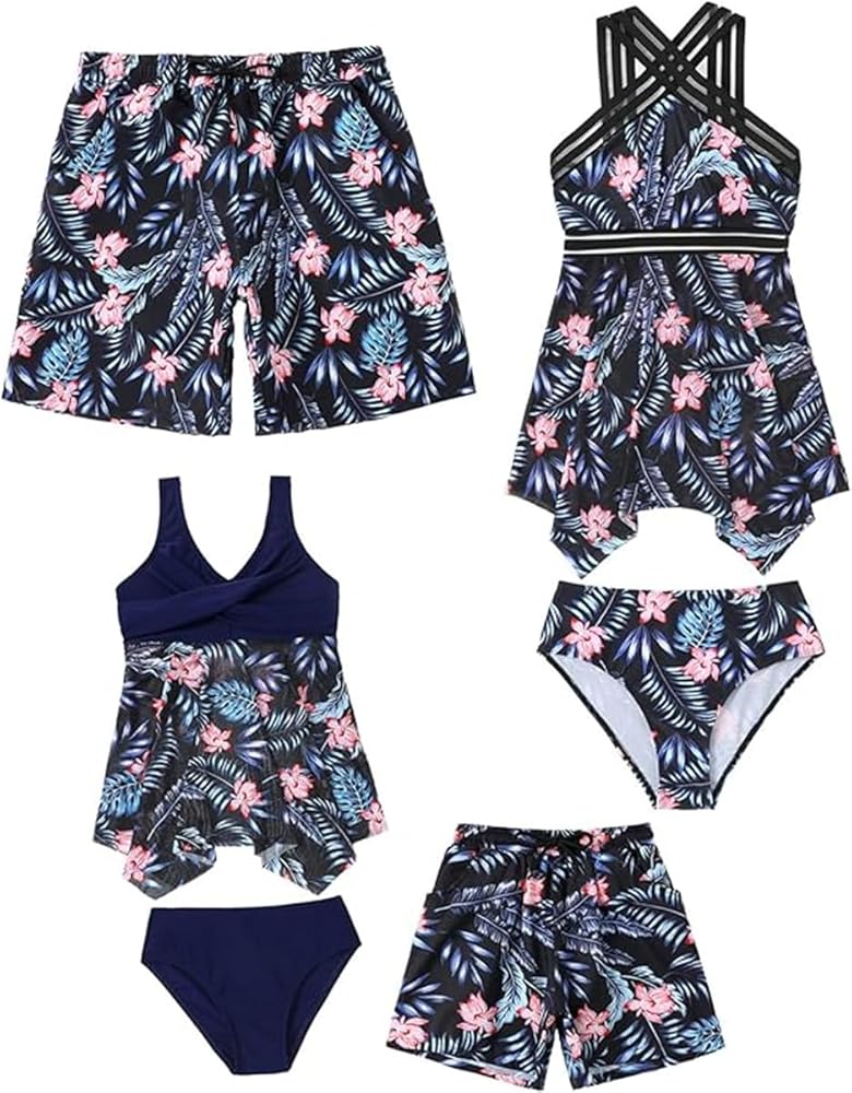 Family Matching Swimwear Mom and Me Floral Print One Piece Hollow Out Monokini Bikini Set Couples Bathing Suits Beachwear