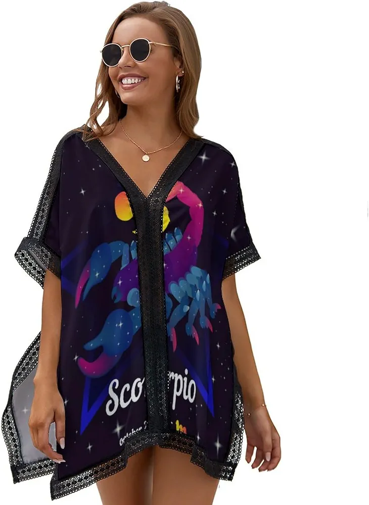 Scorpio Horoscope Symbol Women's Swimsuit Cover Up 3/4 Sleeve Beachwear Bikini Coverups Oversized Bathing Suit Dress, cznjksf8333