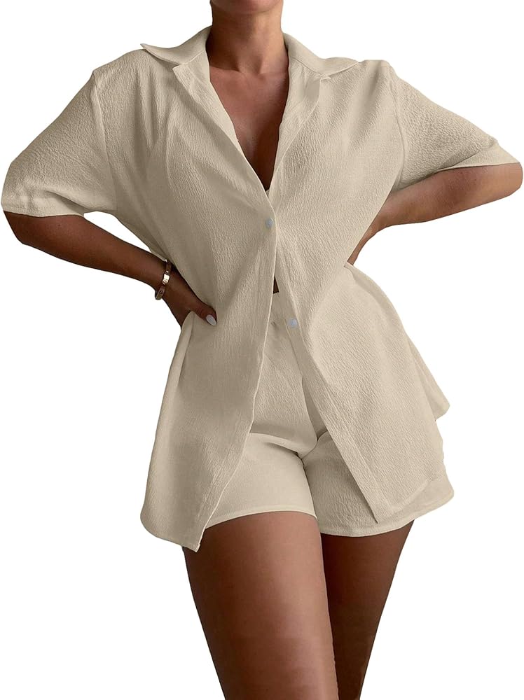 Milumia Women's 2 Piece Coverup Sets Short Sleeve Top and Shorts Cover Ups Beachwear