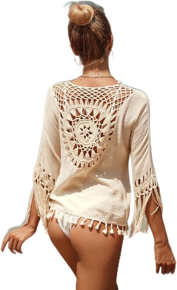 Swimsuit Coverup For Women Beach Swim Coverups Hollow Out Fringe Trim Kimono Womens Cover Ups