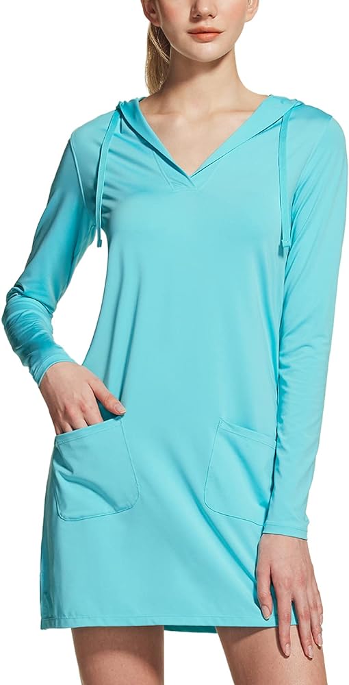 TSLA Women's UPF 50+ Long Sleeve Beach Hoodie Dress with Pockets, SPF/UV Protection Swim Cover up, Summer Casual Sun Dresses