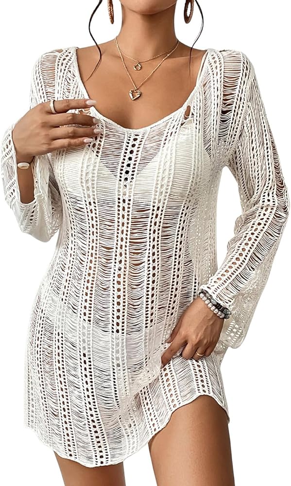 Eddoyee Corchet Swimsuit Coverup for Women Long Sleeve Hollow Out Bathing Suit Cover Up Mesh Summer Dress