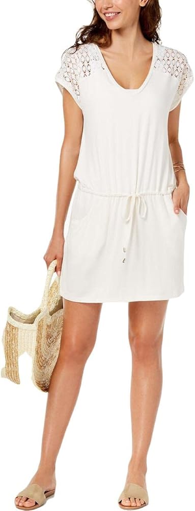 Calvin Klein Crochet-Shoulder Tunic Cover Up, White, L/XL