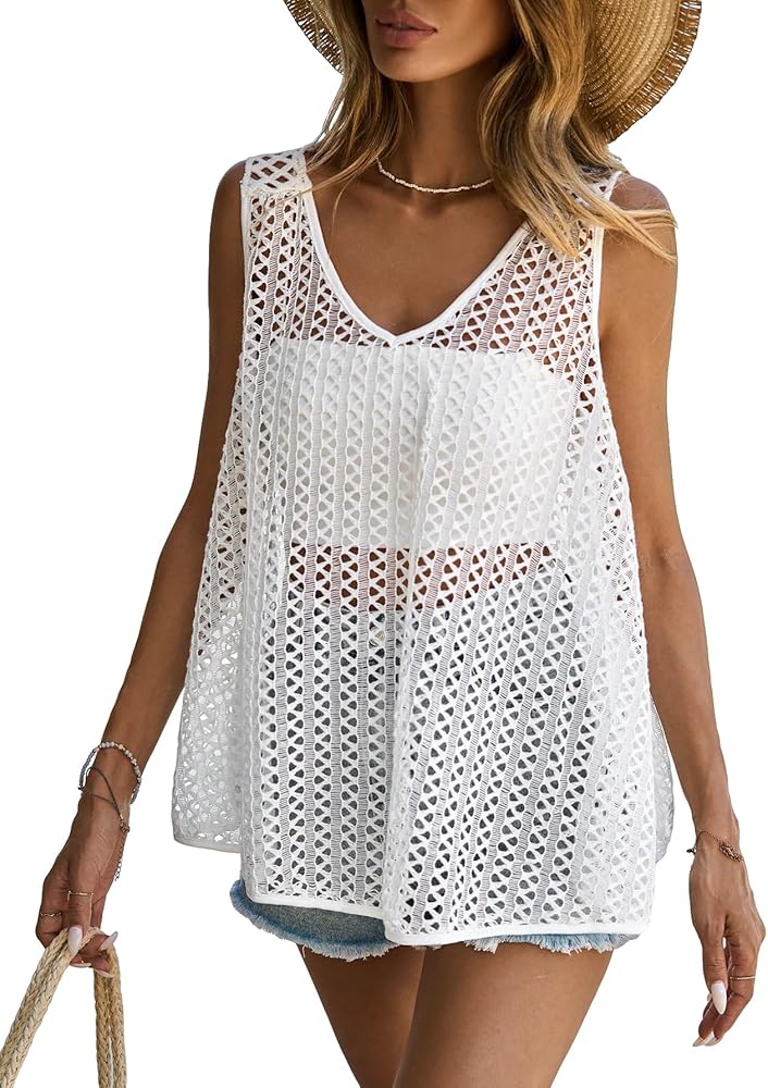 OYOANGLE Women's Hollow Out Knitted V Neck Sleeveless Tank Top See Through Swimwear Cover Up Tops