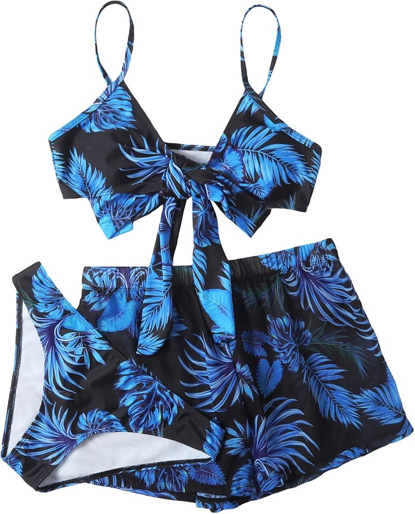 Floerns Women's 3 Piece Tropical Print Bathing Suit Bikini Swim Suit with Bottom Cover Up