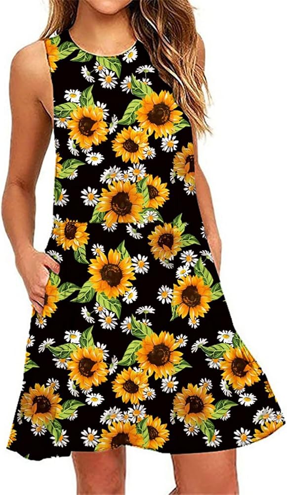 Women's Sleeveless Beach Dress Backless Camisole Mini Tank Skirt with Pockets Casual Sleeveless Dress (A-Yellow, S)