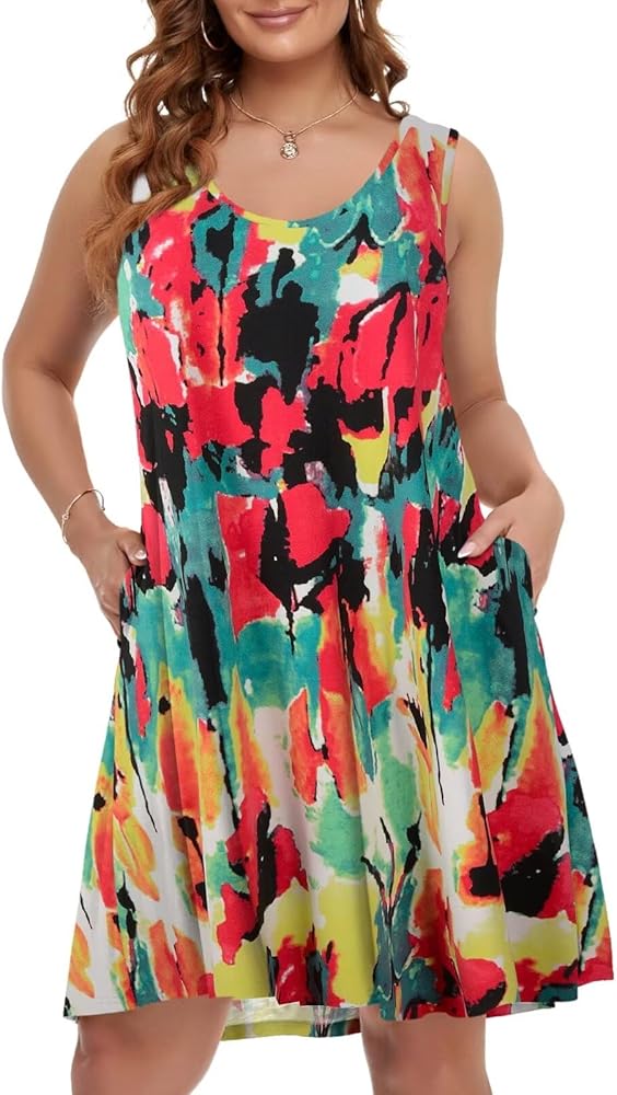 BELAROI Women Plus Size Sundress Summer Casual Sleeveless Tshirt Dress Tie Dye Scoop Neck CurvyTank Dresses with Pockets Beach Coverups(3X, Flower80)