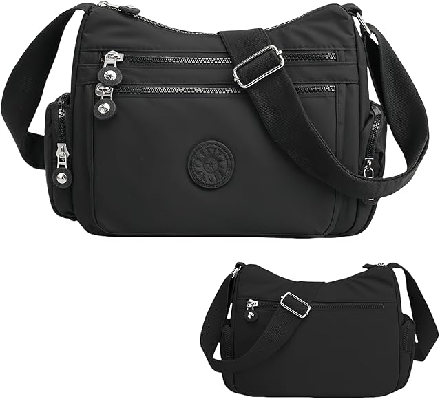 Anseom Bolso Bandolera Mujer, Múltiples Bolsillos Bolsa de Cuerpo Cruzado con Correa Ajustable Crossbody Bolso Casuales Deportivos de Nylon Impermeable para Viajes Escuela Trabajo (Negro)