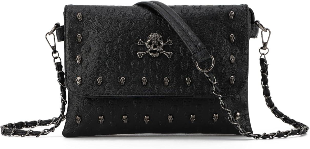 LHHMZ Bolsos góticos de la calavera del hombro de las mujeres Remache de calavera negra Bolso bandolera