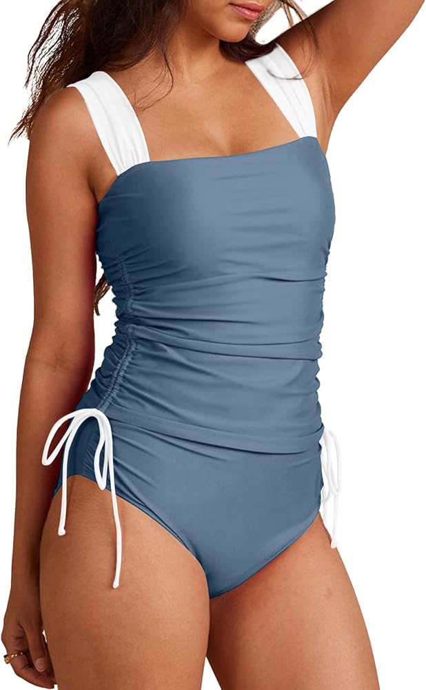 Aleumdr Womens Retro Ruched Two Piece Strappy Tummy Control Swimwear Tie Side Tankini Bathing Suit Set