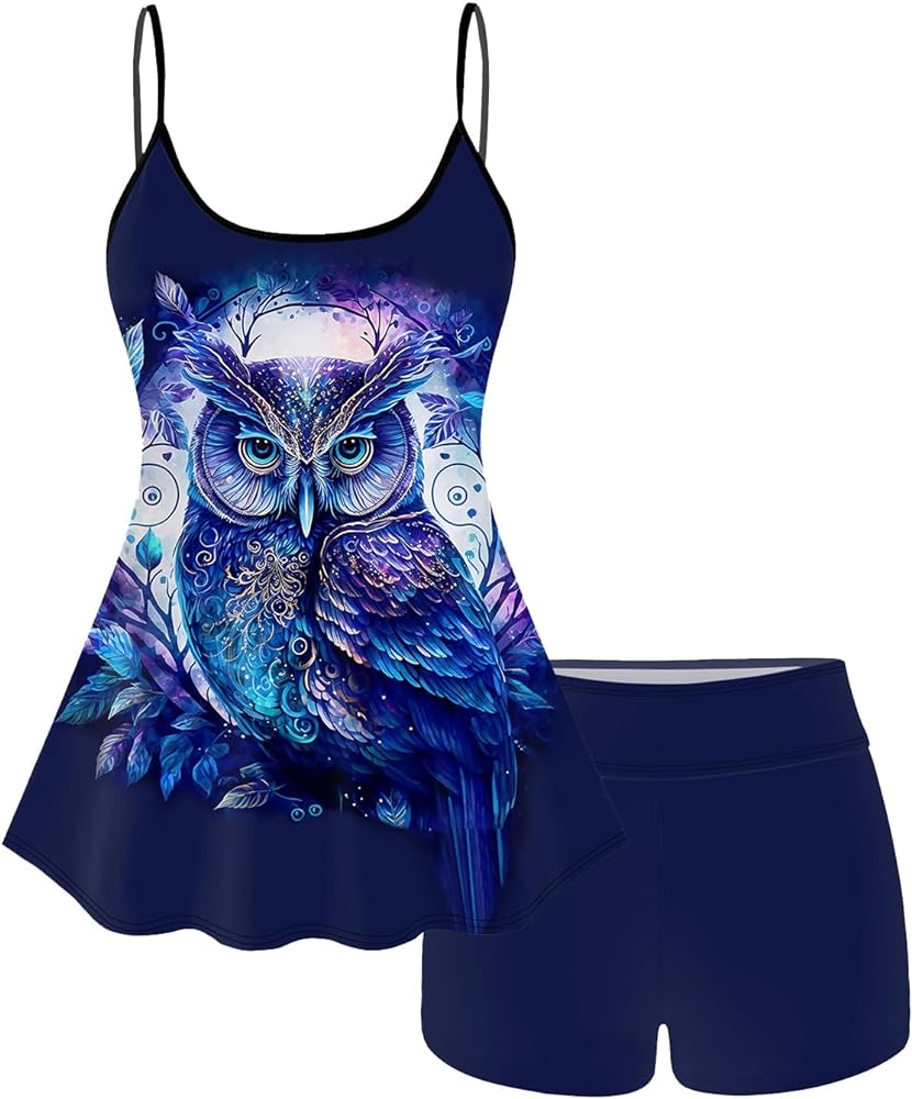 Rosegal Plus Size Women Gothic Tummy Control Modest Tankini Swimsuit Owl Boyleg Padded Tankini Swimwear