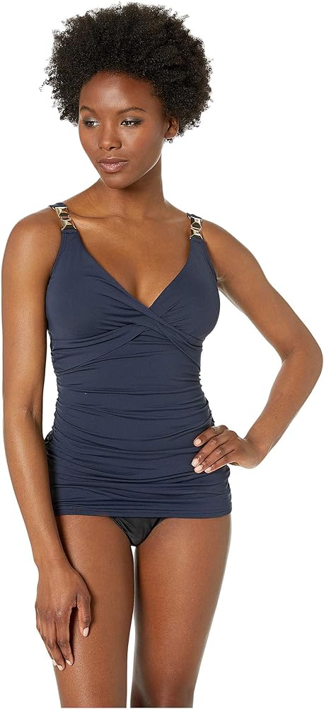 Michael Michael Kors Over The Shoulder Twist Tankini Top with Chain Trim and Removable Soft Cups