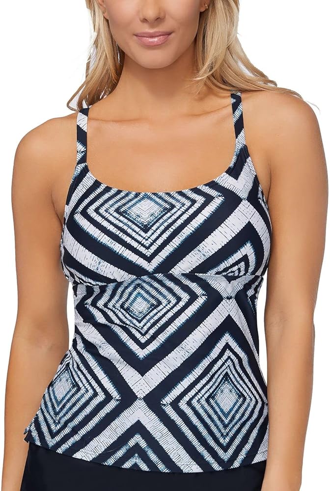 Women's Black Geometric Stretch Push-Up Scoop Neck Removable Cups Strappy Major Shade Tankini Swimsuit Top 6