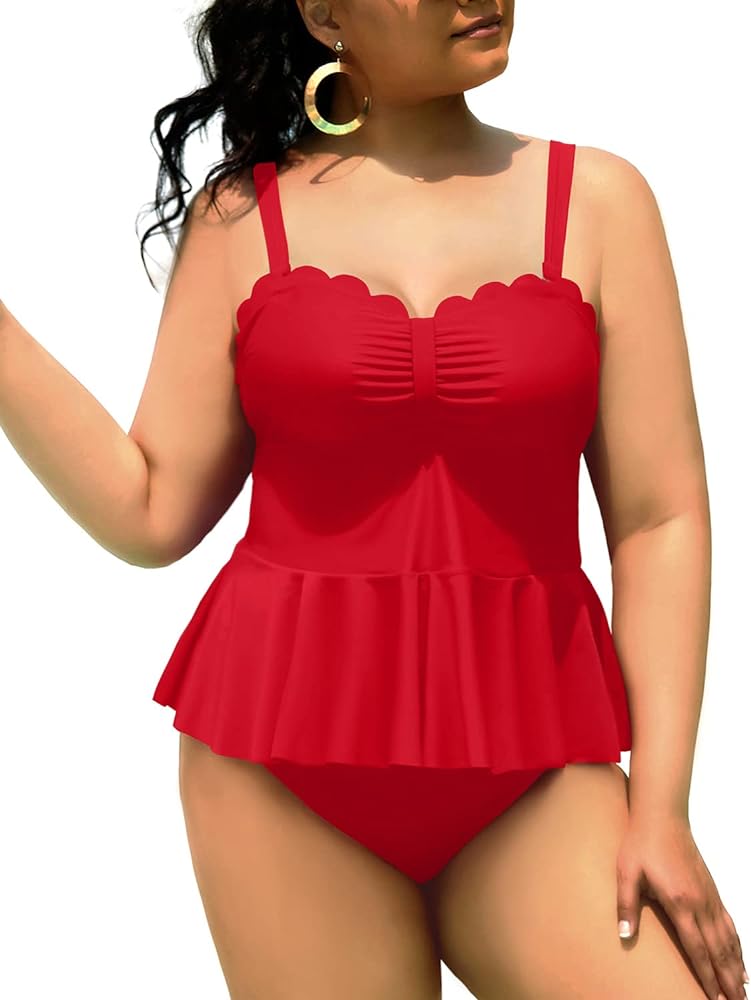 Yonique Women Plus Size 2 Piece Tankini Swimsuits Ruched Bathing Suits Peplum Swimwear Scalloped Swimsuits