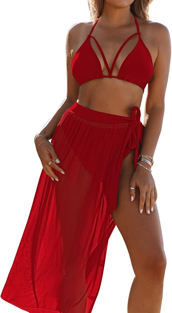 Kisscynest Women's Halter Neck Cut Out 3 Pieces Swimwear with Mesh Maxi Skirt