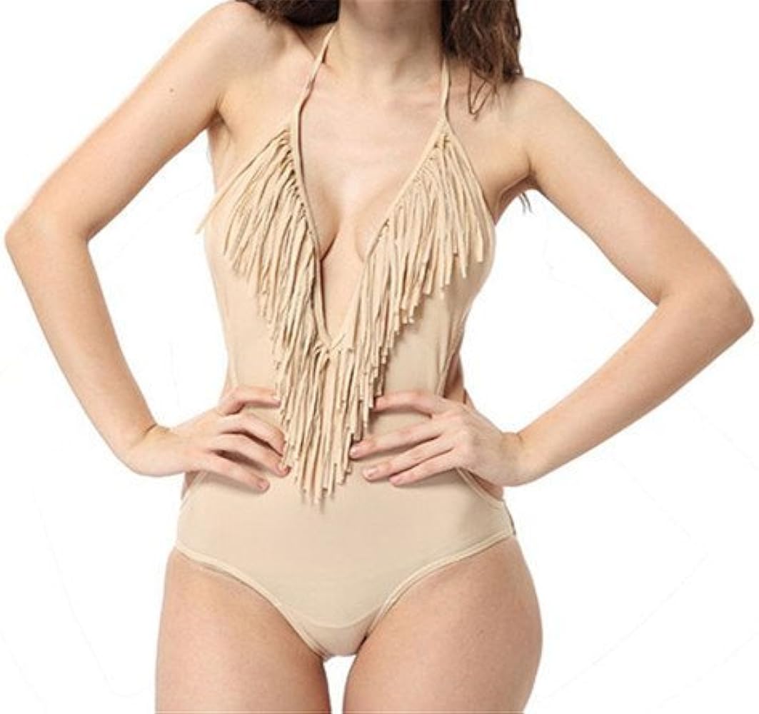 Polovi Women's Swimsuit V-Neck Tassel Bandage Bikini Swimwear Bathing Suit Beige