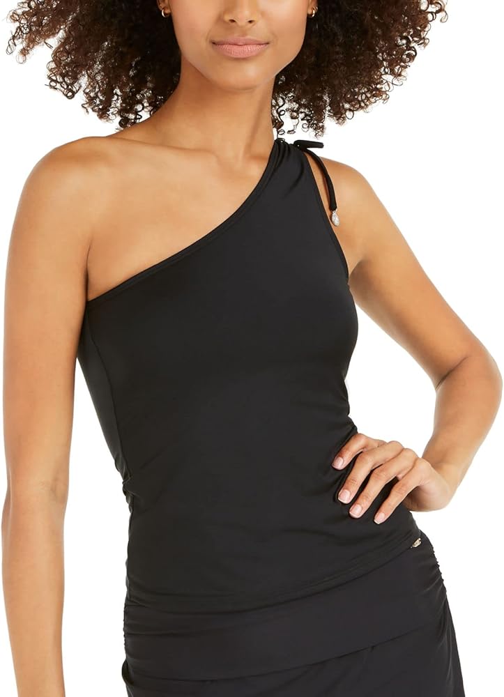 DKNY Women's Black Stretch Removable Cups Tie UV Protection One Shoulder Tankini Swimsuit Top XS