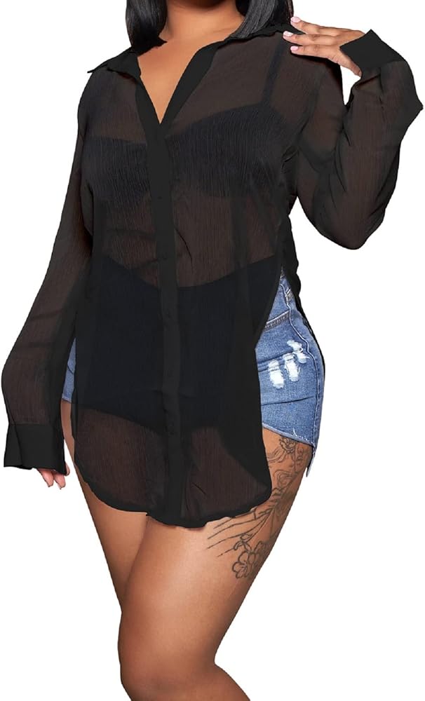 See Through Tops for Women Sheer Button Up Blouse Sheer Mesh Shirts Swim Cover Ups for Women