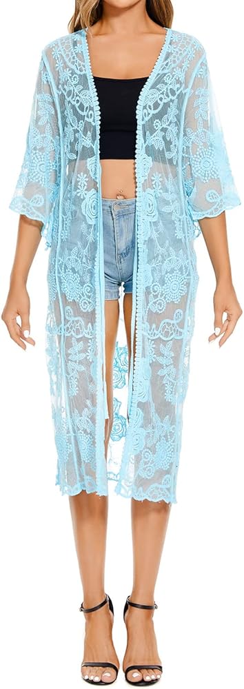 Women Mesh Cardigan Bikini Beach Kimono Open Front Swimsuit Cover Ups Swimwear B-Blue