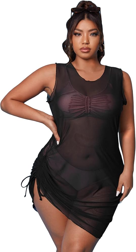 Floerns Women's Plus Size Sheer Mesh Scoop Neck Drawstring Side Beach Cover Up