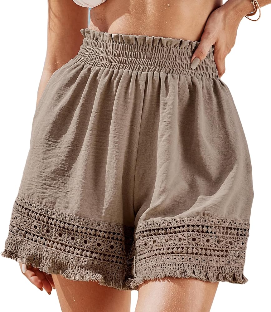 CUPSHE Women Pants Smocked Waist Crochet Hem Shorts Crochet Hem Pant Casual Beach