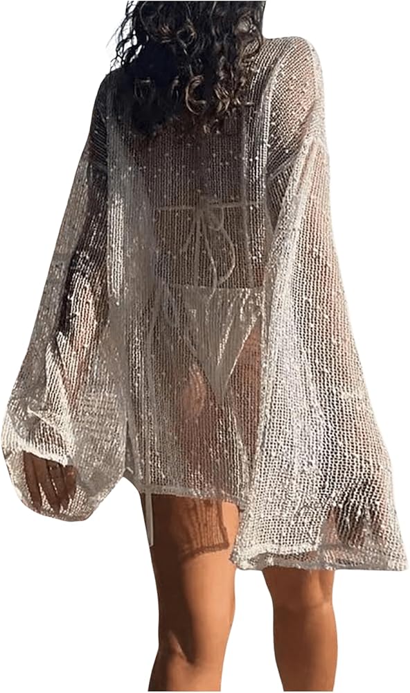 Women's Oversized Swimsuit Split Coverup See Through Bathing Cover Ups Beach Crochet Tops Mesh Outfit