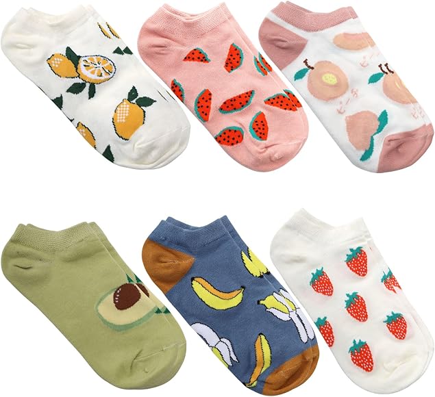 calcetines casuales de algodón para mujer, 6 pares Colores Calcetines Tobilleros con diseño de frutas, Bonitos calcetines de tobillo para mujer, Cortos Calcetines Algodon Antideslizante Verano 35-40