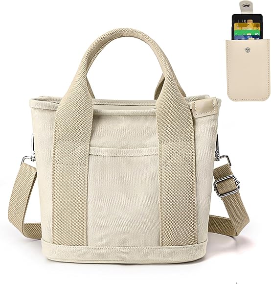 BUZIFU Bolso de Lona Mujer, Bandolera Lona Beige con Correa Ajustable y Asas, Bolso de Lona con Cremallera y Bolsillos, Bolso de Hombro para Mujer con Tarjetero de Cuero PU para Viajes Trabajo Compras