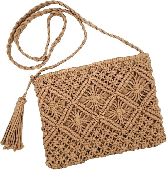 oukesin Bolso de Hombro pequeño con borlas Hechas a Mano de macramé de algodón para Mujer, 041Caqui