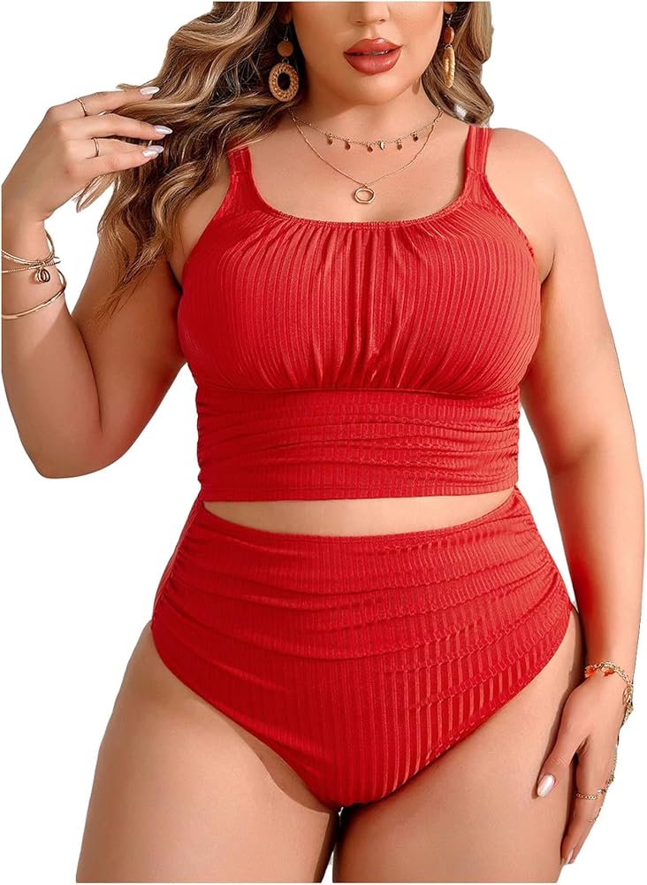 Women's Plus Size 2 Piece Bikini Sets High Waisted Scoop Neck Textured Tankini Swimsuit