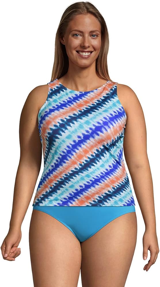 Lands' End Womens Chlorine Resistant High Neck Tankini Top Deep Sea Navy Bias Tie Dye Plus 26w