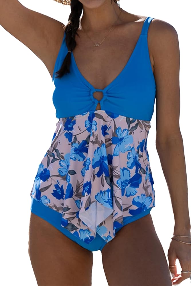 Women's Patchwork Bathing Suits O Ring Flower Print Ruffle Hem Tankini Set