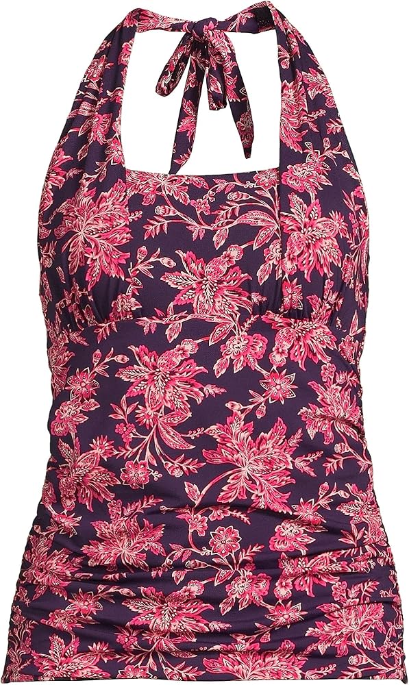 Lands' End Womens Chlorine Resistant Square Neck Halter Tankini Top Swimsuit BlackBerry/Strawberry Jacobean Petite 4