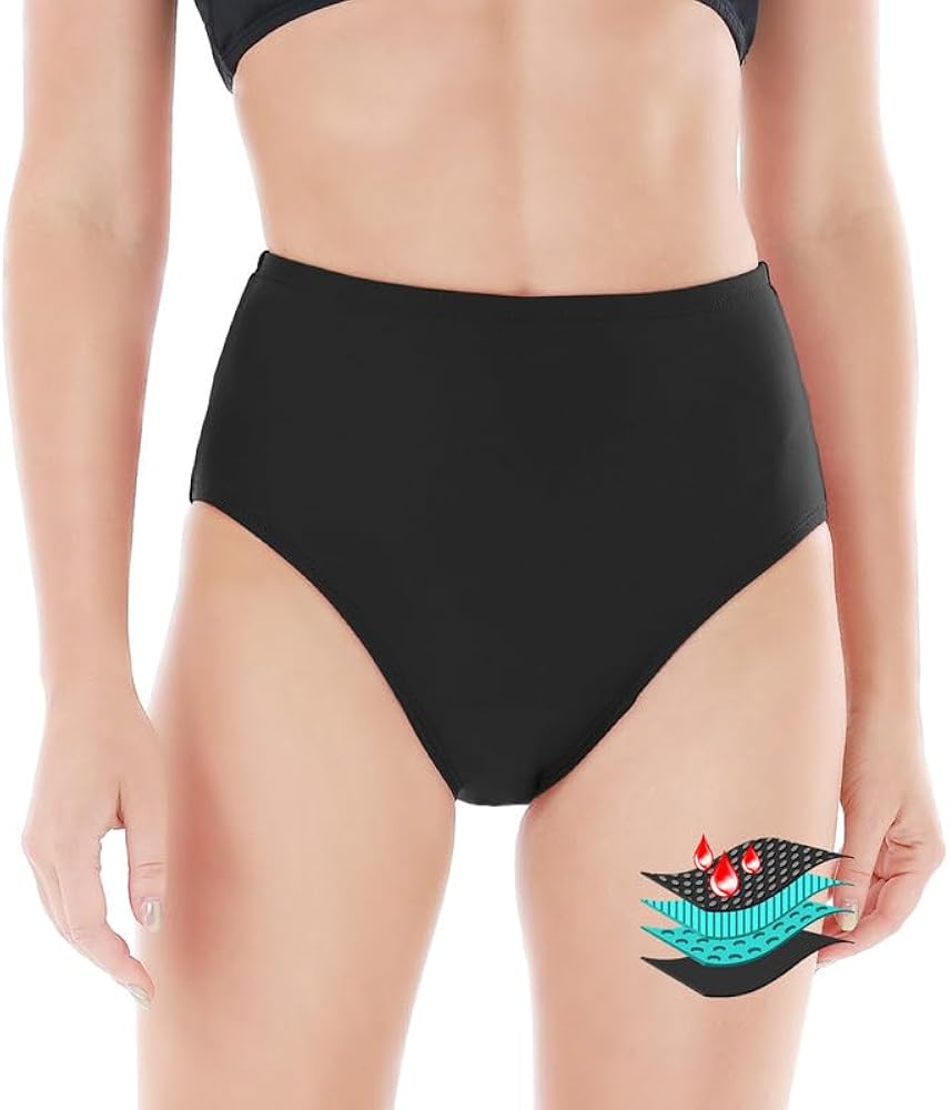 Period Swimwear - Menstrual Leakproof Bikini Bottoms - Mid Waisted Swim Bottoms for Teens, Girls, Women