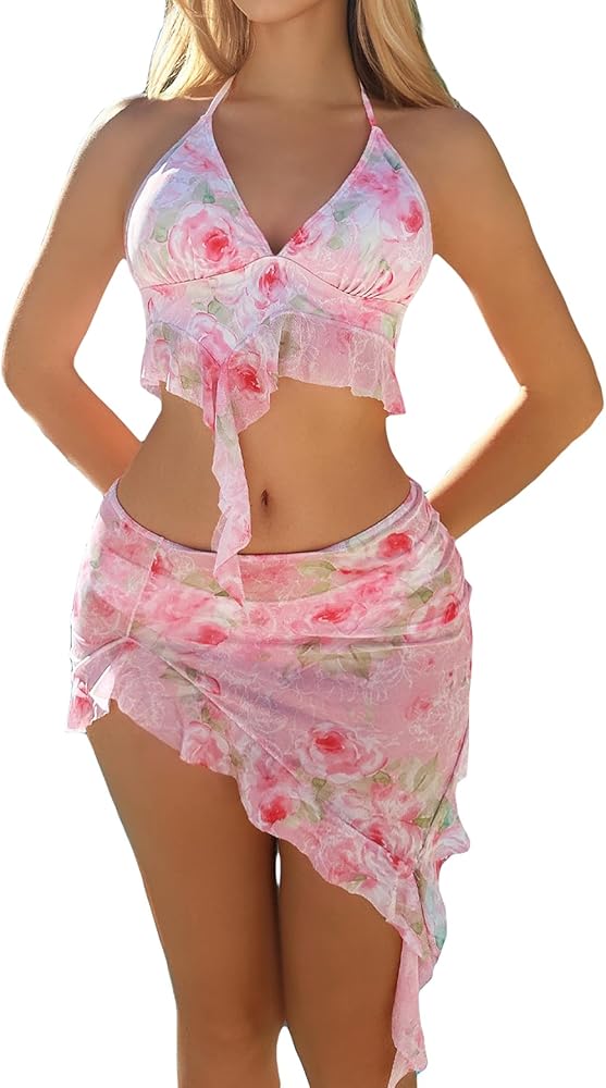 Women's 3 Piece Swimsuit Floral Print Ruffle Trim Halter High Cut Bikini Set with Beach Skirt