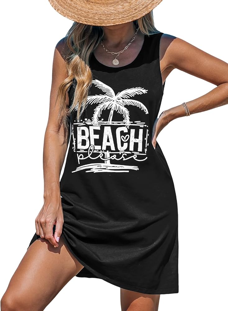 CUPSHE Women's Sleeveless Swimsuit Coverup Print T-Shirt Dress Cotton Tank Beach Cover Ups