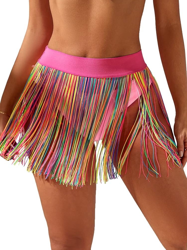 Verdusa Women's Fringe Trim High Waisted Mini Skirts Cover Up